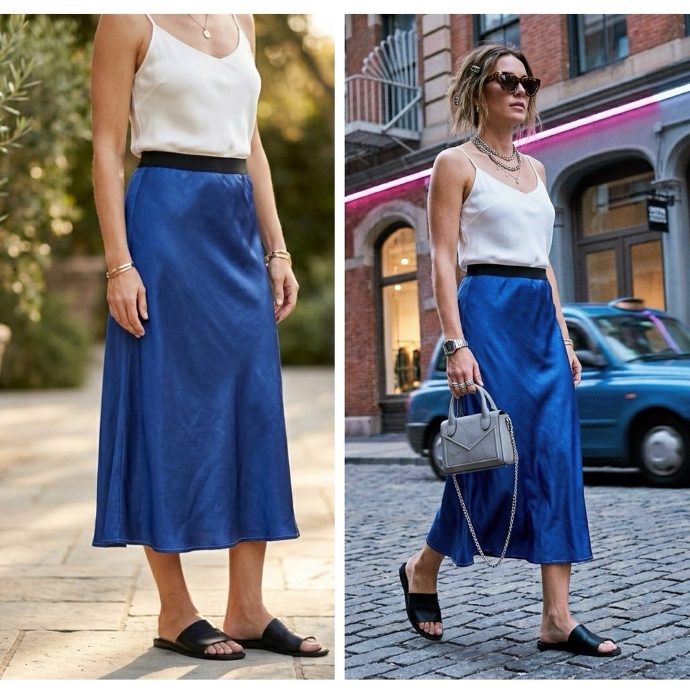 REVOLVE BELLA DAHL Medium‎ Royal Blue Luxe Cupro Elastic Waist Slip Midi Skirt